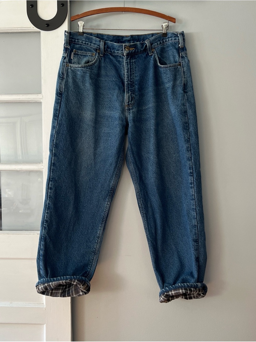 Carhartt Men’s 38x32 Work Pants Relaxed Fit Jeans Flannel Lined Blue B172 DST